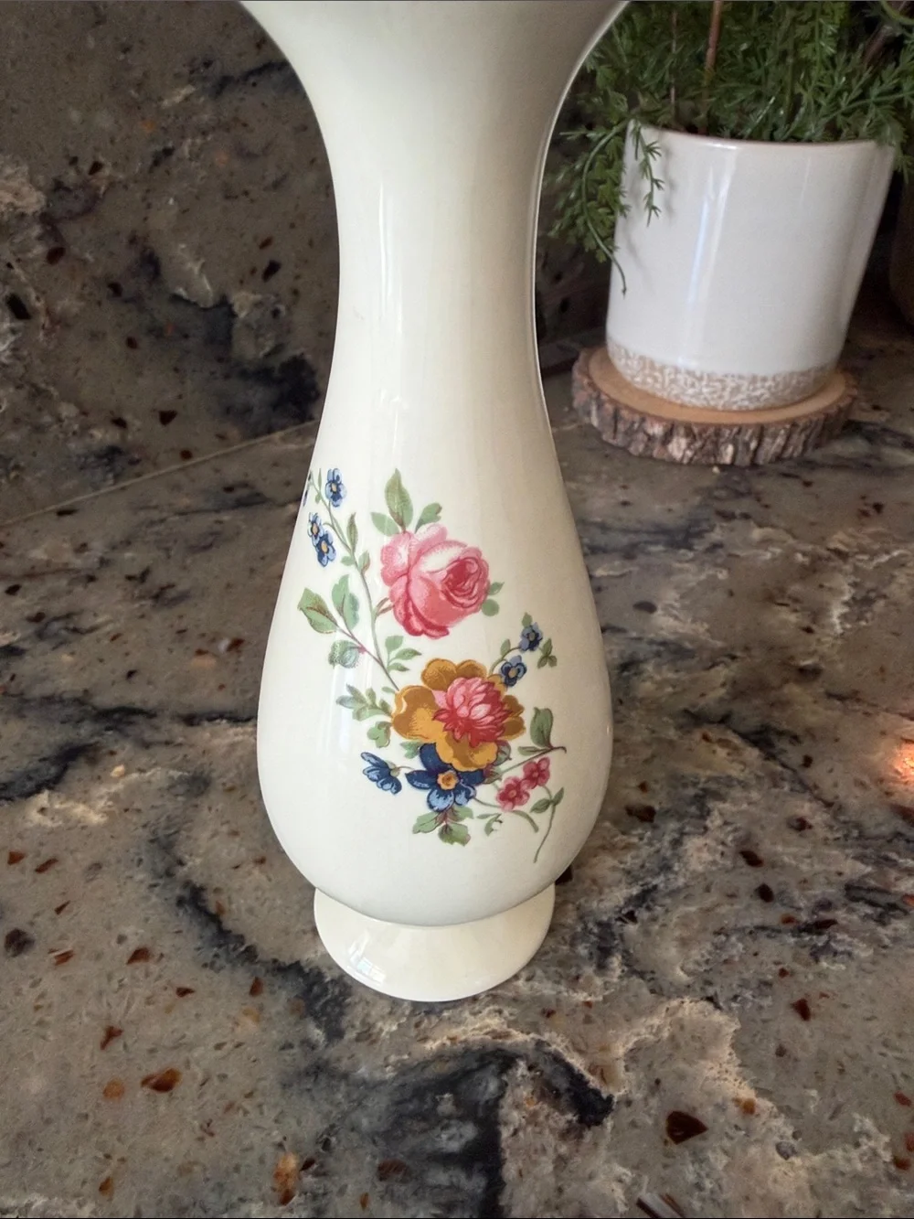 Vintage Mid Century Cream Floral Glazed Ceramic Slender Neck Bud Vase, 6.5” high